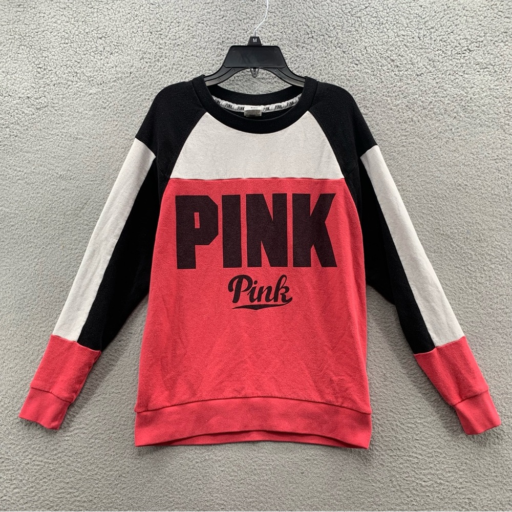 Pink Victoria's Secret Logo Red White Colorblock Long-sleeve Pullover Shirt XS